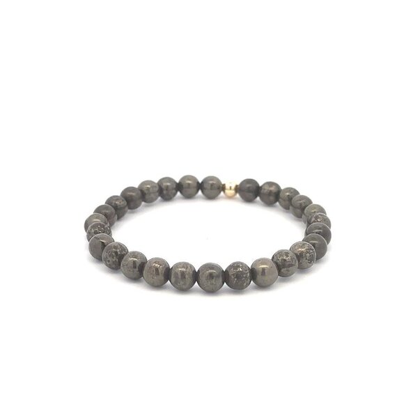 Natural Pyrite 6mm Stretchable Bracelet 18k Gold Bead Charm - Picture 4 of 5